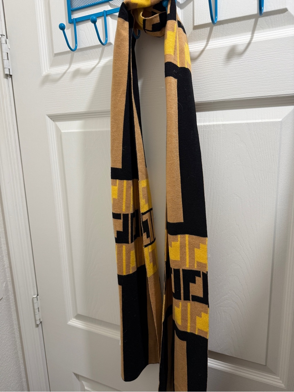 Louis Feraud Black, Mustard, and Tan Geometric Knit Scarf
